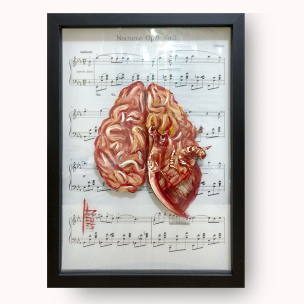 Cuadro Anatomía: Pintura original Fondo de cerebro y corazón con partituras