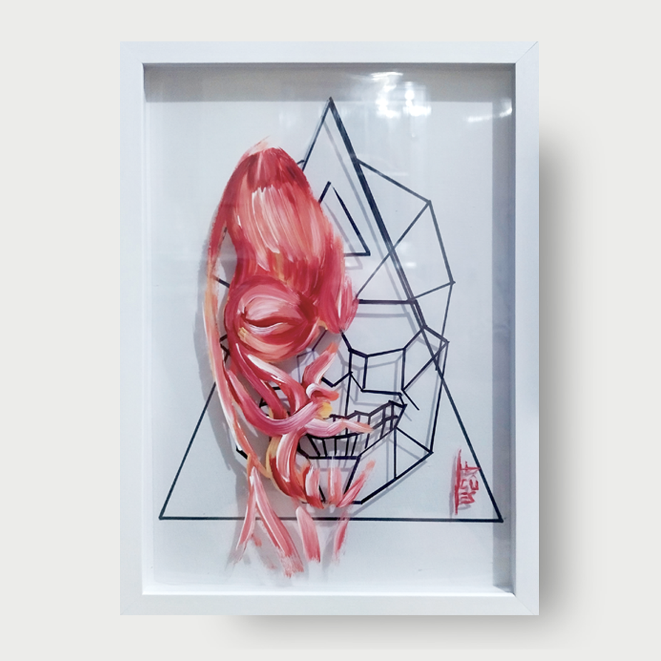 Cuadro Anatomía: Pintura original Rostro con calavera estilizada en líneas 