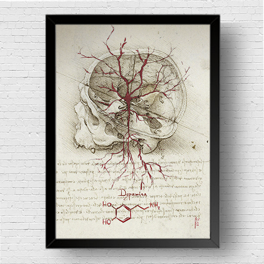 Marco de póster de anatomía Colección Leonardo Da Vinci: Neurotransmisor de dopamina con fórmula molecular 
