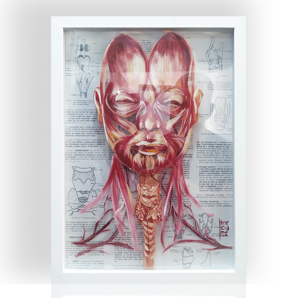 Cuadro Anatomía: Pintura original Anatomía muscular de la cara con tiroides Página del libro en el fondo 