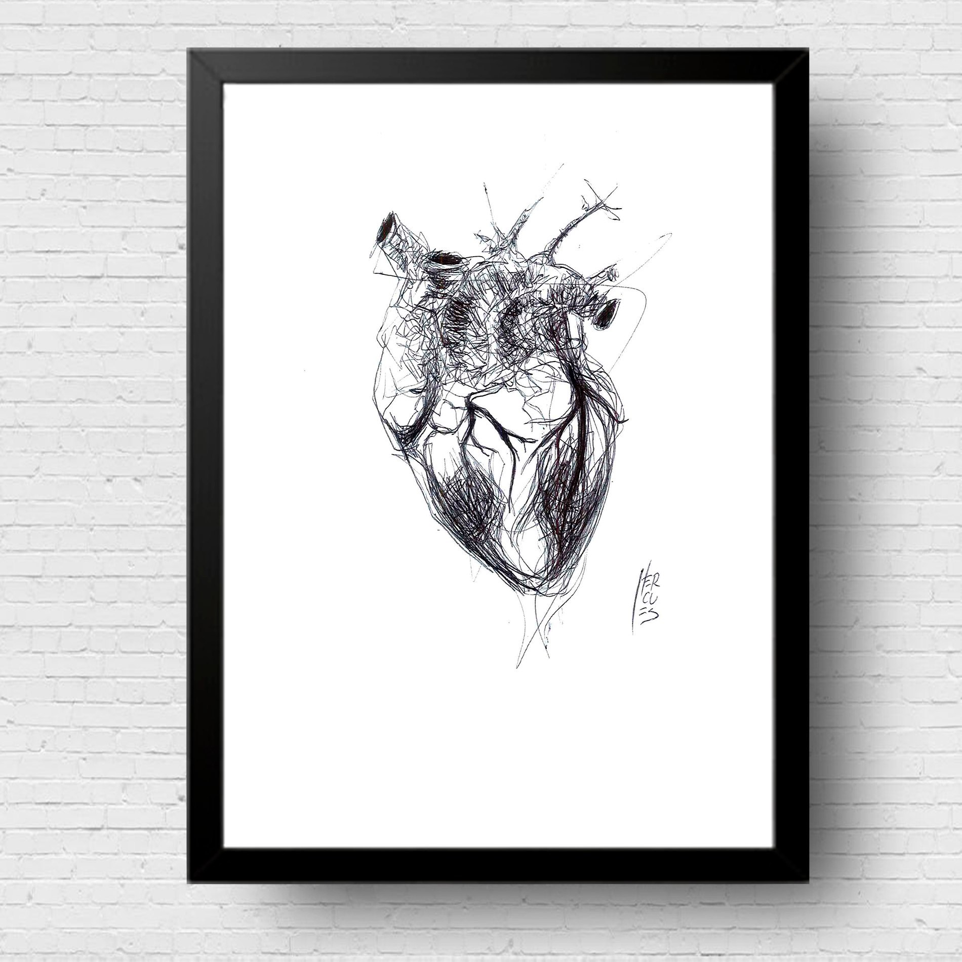 Quadro pôster anatomia coração riscado P&B