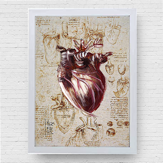 Quadro pôster anatomia coração fundo esboço Leonardo Da Vinci