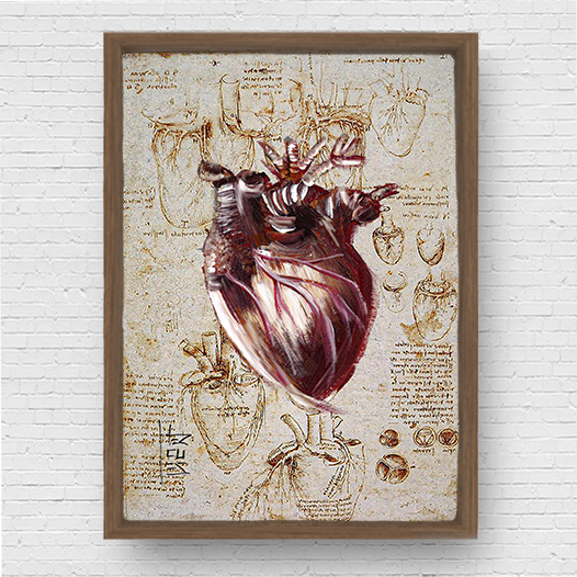 Quadro pôster anatomia coração fundo esboço Leonardo Da Vinci