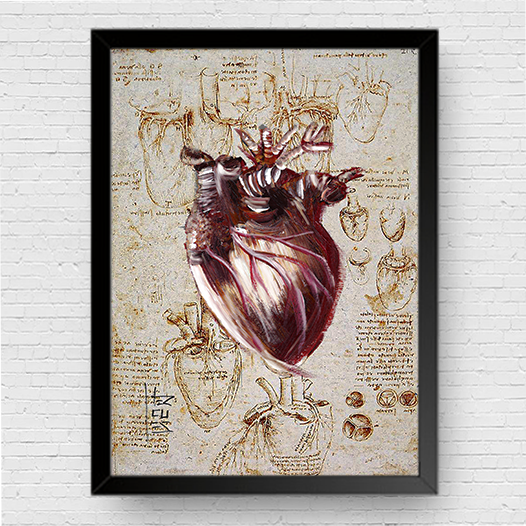 Quadro pôster anatomia coração fundo esboço Leonardo Da Vinci