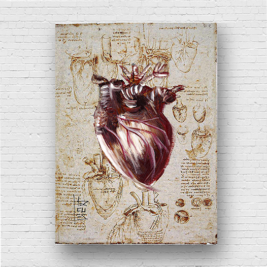 Quadro pôster anatomia coração fundo esboço Leonardo Da Vinci