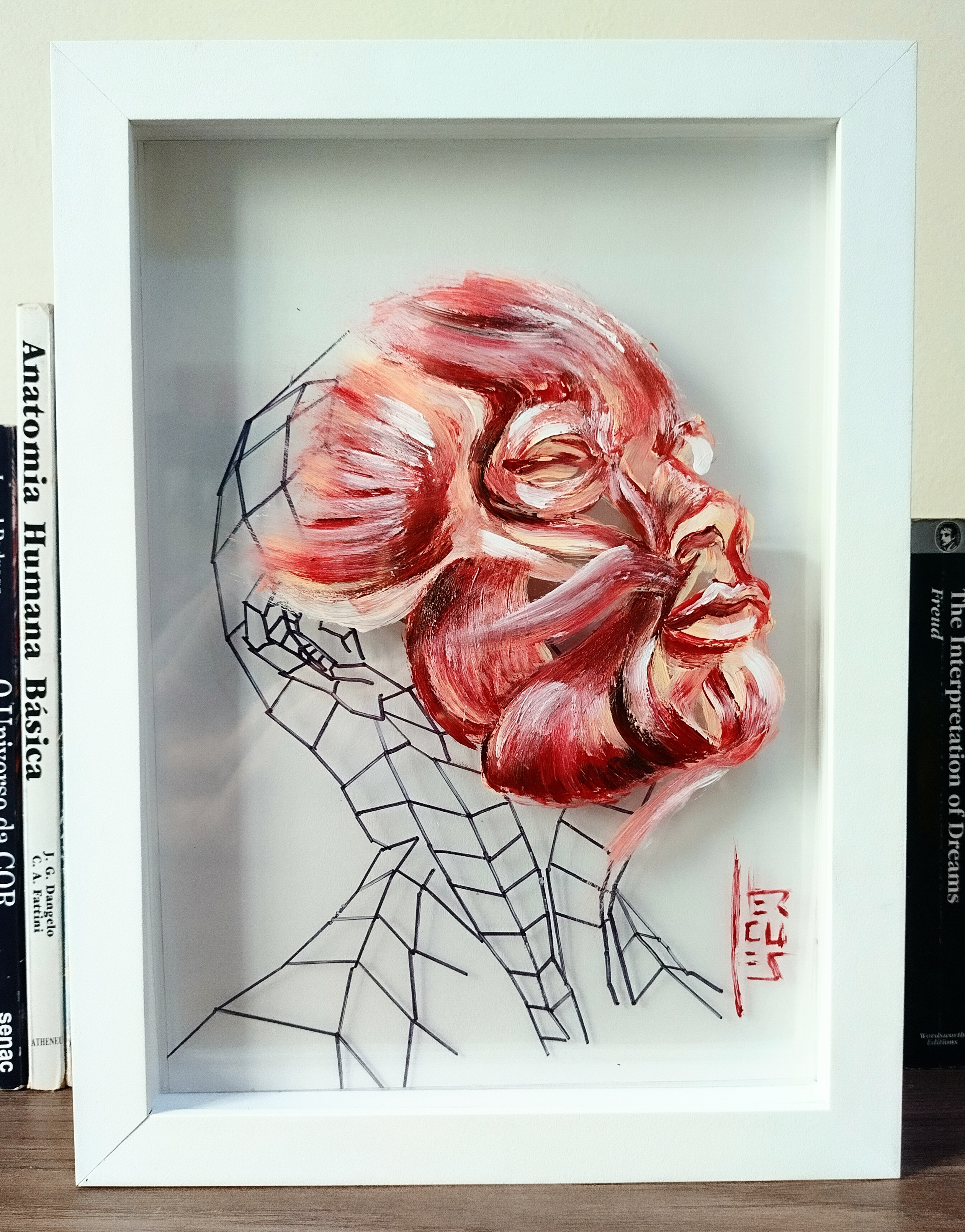 Cuadro Anatomía: Cuadro original Rostro con calavera estilizada en líneas laterales
